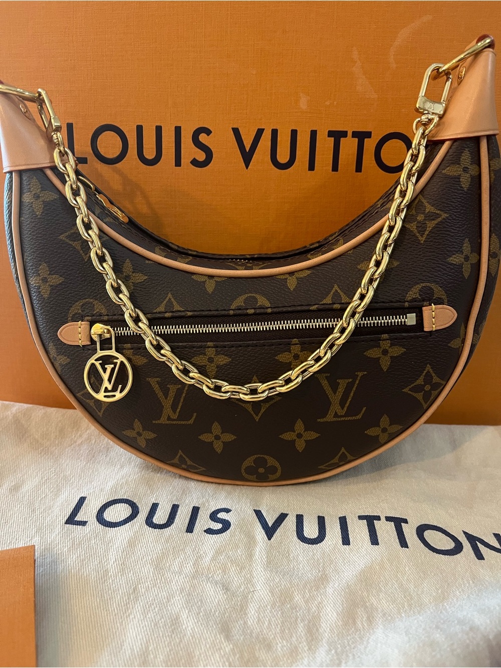 Louis Vuitton Monogram Crescent Shoulder Bag with Gold Chain and Tan Trim - Picture 4 of 5